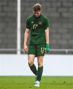 15 November 2020; Nathan Collins of Republic of Ireland reacts after recieving a red card during the UEFA European U21 Championship Qualifier match between Republic of Ireland and Iceland at Tallaght Stadium in Dublin.  Photo by Harry Murphy/Sportsfile
