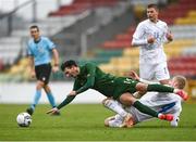 15 November 2020; Danny Mandroiu of Republic of Ireland is tackled by Róbert Orri Þorkelsson of Iceland during the UEFA European U21 Championship Qualifier match between Republic of Ireland and Iceland at Tallaght Stadium in Dublin.  Photo by Harry Murphy/Sportsfile