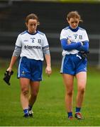 15 November 2020; Anita Newell, left, and Nicola Fahy of Monaghan leave the field dejected following their side's defeat in the TG4 All-Ireland Senior Ladies Football Championship Round 3 match between Galway and Monaghan at Páirc Seán Mac Diarmada in Carrick-on-Shannon, Leitrim. Photo by Sam Barnes/Sportsfile