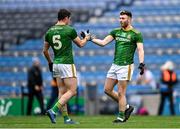 15 November 2020; Meath players Donal Keogan, left, and Jordan Morris celebrate after the Leinster GAA Football Senior Championship Semi-Final match between Kildare and Meath at Croke Park in Dublin. Photo by Piaras Ó Mídheach/Sportsfile