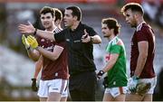 15 November 2020; Galway players protest to referee Sean Hurson as he awards a free kick late in the game during the Connacht GAA Football Senior Championship Final match between Galway and Mayo at Pearse Stadium in Galway. Photo by David Fitzgerald/Sportsfile