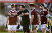 15 November 2020; Galway players protest to referee Sean Hurson as he awards a free kick late in the game during the Connacht GAA Football Senior Championship Final match between Galway and Mayo at Pearse Stadium in Galway. Photo by David Fitzgerald/Sportsfile