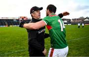 15 November 2020; Galway manager Padraic Joyce congratulates Aidan O'Shea of Mayo following the Connacht GAA Football Senior Championship Final match between Galway and Mayo at Pearse Stadium in Galway. Photo by David Fitzgerald/Sportsfile