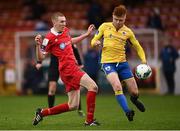 15 November 2020; Sean Quinn of Shelbourne in action against Aodh Dervin of Longford Town during the SSE Airtricity League Play-off Final match between Shelbourne and Longford Town at Richmond Park in Dublin. Photo by Harry Murphy/Sportsfile