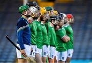 15 November 2020; Cian Lynch of Limerick, 2nd from left, and his team-mates stand for a moments silence in memory of his late uncle Paul Carey prior to the Munster GAA Hurling Senior Championship Final match between Limerick and Waterford at Semple Stadium in Thurles, Tipperary. Photo by Brendan Moran/Sportsfile