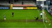 15 November 2020; Martin Reilly of Cavan kicks his penalty past Rory Burns of Down during the Ulster GAA Football Senior Championship Semi-Final match between Cavan and Down at Athletic Grounds in Armagh. Photo by Philip Fitzpatrick/Sportsfile