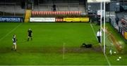 15 November 2020; Martin Reilly of Cavan kicks his penalty past Rory Burns of Down during the Ulster GAA Football Senior Championship Semi-Final match between Cavan and Down at Athletic Grounds in Armagh. Photo by Philip Fitzpatrick/Sportsfile