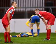 15 November 2020; Sean Quinn, right, and Brian McManus of Shelbourne look dejected at the full-time whistle following the SSE Airtricity League Play-off Final match between Shelbourne and Longford Town at Richmond Park in Dublin. Photo by Harry Murphy/Sportsfile