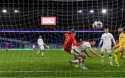 15 November 2020; David Brooks of Wales scores his side's goal despite the attention of of Shane Duffy of Republic of Ireland during the UEFA Nations League B match between Wales and Republic of Ireland at Cardiff City Stadium in Cardiff, Wales. Photo by Stephen McCarthy/Sportsfile
