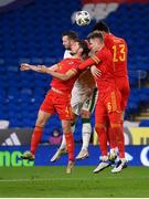 15 November 2020; Shane Duffy of Republic of Ireland in action against Wales players, from left, Ben Davies, Joe Rodon and Kieffer Moore during the UEFA Nations League B match between Wales and Republic of Ireland at Cardiff City Stadium in Cardiff, Wales. Photo by Stephen McCarthy/Sportsfile