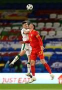 15 November 2020; Dara O'Shea of Republic of Ireland in action against Kieffer Moore of Wales during the UEFA Nations League B match between Wales and Republic of Ireland at Cardiff City Stadium in Cardiff, Wales. Photo by Gareth Everett/Sportsfile