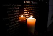 16 November 2020; The names of the victims are lit by candlelight at the Bloody Sunday memorial in Croke Park. In lieu of a larger commemorative event at Croke Park, the GAA is encouraging members, supporters and the wider public to light a candle at dusk this Saturday 21 November, remembering the 14 lives lost that day 100 years ago. Photo by Brendan Moran/Sportsfile