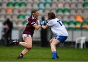 15 November 2020; Ailbhe Davoren of Galway in action against Lauren Garland of Monaghan during the TG4 All-Ireland Senior Ladies Football Championship Round 3 match between Galway and Monaghan at Páirc Seán Mac Diarmada in Carrick-on-Shannon, Leitrim. Photo by Sam Barnes/Sportsfile