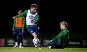 16 November 2020; Ryan Manning has a shot saved by goalkeeper Caoimhin Kelleher during a Republic of Ireland training session at the FAI National Training Centre in Abbotstown, Dublin. Photo by Stephen McCarthy/Sportsfile