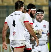16 November 2020; Marcell Coetzee, centre, of Ulster celebrates with his team-mates after scoring his side's second try during the Guinness PRO14 match between Zebre and Ulster at Stadio Lanfranchi in Parma, Italy. Photo by Roberto Bregani/Sportsfile