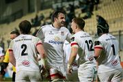 16 November 2020; Ulster players celebrate their third try, scored by Stewart Moore, 12, during the Guinness PRO14 match between Zebre and Ulster at Stadio Lanfranchi in Parma, Italy. Photo by Roberto Bregani/Sportsfile