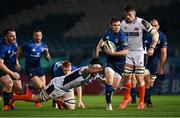 16 November 2020; Luke McGrath of Leinster escapes the tackle of Ally Miller of Edinburgh on his way to scoring his side's fourth try during the Guinness PRO14 match between Leinster and Edinburgh at the RDS Arena in Dublin. Photo by Harry Murphy/Sportsfile