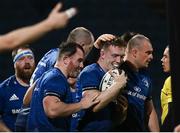 16 November 2020; Dan Leavy of Leinster celebrates after scoring his side's fifth try with team-mates during the Guinness PRO14 match between Leinster and Edinburgh at the RDS Arena in Dublin. Photo by Harry Murphy/Sportsfile