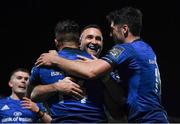 16 November 2020; Cian Kelleher of Leinster, left, celebrates after scoring his side's eighth try with team-mates Dave Kearney and Jimmy O'Brien during the Guinness PRO14 match between Leinster and Edinburgh at the RDS Arena in Dublin. Photo by Harry Murphy/Sportsfile