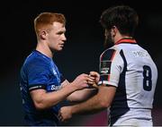 16 November 2020; Ciarán Frawley of Leinster and Ally Miller of Edinburgh fist bump following the Guinness PRO14 match between Leinster and Edinburgh at the RDS Arena in Dublin. Photo by Harry Murphy/Sportsfile