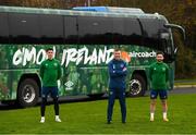 17 November 2020; Aircoach, Ireland’s leading private coach and bus operator, has announced its new partnership with the Football Association of Ireland to become the Official Transport Provider to Ireland’s senior men and women’s teams. The announcement comes as Ireland prepare to take on Bulgaria on Wednesday evening in the UEFA Nations League game at the Aviva Stadium. Aircoach unveiled their newly branded ‘Team Ireland’ state of the art coach to celebrate the partnership at the FAI’s training base in the National Sports Campus, Abbotstown. Celebrating 21 years in business this November, Aircoach has remained at the top of its league through its commitment to innovation and investment in state of the art vehicles. Republic of Ireland Ireland manager Stephen Kenny with Callum O’Dowda, left, and Sean Maguire, right, at the announcement. Photo by Stephen McCarthy/Sportsfile