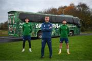 17 November 2020; Aircoach, Ireland’s leading private coach and bus operator, has announced its new partnership with the Football Association of Ireland to become the Official Transport Provider to Ireland’s senior men and women’s teams. The announcement comes as Ireland prepare to take on Bulgaria on Wednesday evening in the UEFA Nations League game at the Aviva Stadium. Aircoach unveiled their newly branded ‘Team Ireland’ state of the art coach to celebrate the partnership at the FAI’s training base in the National Sports Campus, Abbotstown. Celebrating 21 years in business this November, Aircoach has remained at the top of its league through its commitment to innovation and investment in state of the art vehicles. Republic of Ireland Ireland manager Stephen Kenny with Callum O’Dowda, left, and Sean Maguire, right, at the announcement. Photo by Stephen McCarthy/Sportsfile