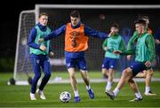 17 November 2020; Darragh Lenihan with Ronan Curtis, left, and Ciaran Clark, right, during a Republic of Ireland training session at the FAI National Training Centre in Abbotstown, Dublin. Photo by Stephen McCarthy/Sportsfile