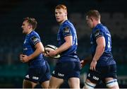 16 November 2020; Ciarán Frawley of Leinster, centre, Liam Turner and Dan Leavy during the Guinness PRO14 match between Leinster and Edinburgh at the RDS Arena in Dublin. Photo by Harry Murphy/Sportsfile