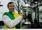 22 January 2004; David Casey, Jockey, pictured with the Thyestes Cup after winning the Goulding Thyestes Handicap Steeplechase on Hedgehunter, Gowran Park, Co. Kilkenny. Picture credit; Matt Browne / SPORTSFILE *EDI*