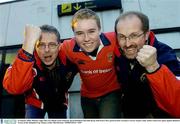 23 January 2004; Munster rugby fans Ger Quinn, from Limerick, Kevin Rochford and John Ryan, both from Clare, pictured after ariving in Treviso Airport, Italy, before tomorrows game against Benetton Treviso in the Heineken Cup. Picture credit; Matt Browne / SPORTSFILE *EDI*