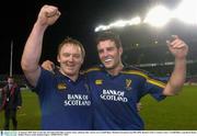 23 January 2004; Peter Coyle, left, and Aidan McCullen, Leinster Lions, celebrate after victory over Cardiff Blues. Heineken European Cup 2003-2004, Round 5, Pool 3, Leinster Lions v Cardiff Blues, Lansdowne Road, Dublin. Picture credit; Damien Eagers / SPORTSFILE *EDI*