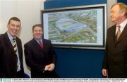 27 January 2004;  Minister for Art, Sport and Tourism, John O'Donoghue TD, right, with Philip Browne, left, Chief Executive of the IRFU, and Fran Rooney, Chief Executive, FAI, at the announcment that the Government has agreed to provide substantial funding towards the  development of Lansdowne Road. Government buildings, Kildare St., Dublin. Picture credit; David Maher  / SPORTSFILE *EDI*