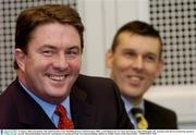 27 January 2004; Fran Rooney, left, Chief Executive, FAI, with Philip Browne, Chief Executive, IRFU, as the Minister for Art, Sport and Tourism, John O'Donoghue TD,  announces that the Government has agreed to provide substantial funding towards the  development of Lansdowne Road. Government buildings, Kildare St. Dublin. Picture credit; David Maher  / SPORTSFILE *EDI*