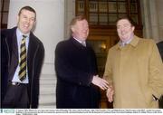 27 January 2004; Minister for Art, Sport and Tourism, John O'Donoghue TD, centre, with Fran Rooney, right, Chief Executive, FAI, and Philip Browne, Chief Executive of the IRFU, outside Government Buildings at the announcment that the Government has agreed to provide substantial funding towards the development of Lansdowne Road. Government buildings, Kildare St. Dublin. Picture credit; David Maher  / SPORTSFILE *EDI*