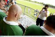 6 August 2003; Ireland's Keith Wood signs an autograph after an Irish rugby squad training session. Ireland rugby training, Dubarry Park, Athlone, Co. Westmeath. Picture credit; Brendan Moran / SPORTSFILE *EDI*