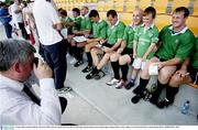 6 August 2003; Ireland's Keith Wood and Eric Miller pose for a photo with a fan after an Irish rugby squad training session. Ireland rugby training, Dubarry Park, Athlone, Co. Westmeath. Picture credit; Brendan Moran / SPORTSFILE *EDI*