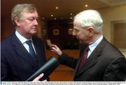 28 January 2004; The Minister for Arts, Sports and Tourism, John O'Donoghue, TD, left, with Pat Hickey, President of the Olympic Council of Ireland, at an announcement of the Irish Sports Council funding in excess of 5.3 million euro to support high performance athletes preparing for the Olympic and Paralympic Games in Athens this summer. Conrad Hotel, Dublin. Picture credit; David Maher / SPORTSFILE *EDI*