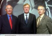 28 January 2004; The Minister for Arts, Sports and Tourism, John O'Donoghue, TD, centre, with Pat O'Neill, left, Chairperson of the Irish Sports Council and John Treacy, Chief Executive, Irish Sports Council, at an announcement of the Irish Sports Council funding in excess of 5.3 million euro to support high performance athletes preparing for the Olympic and Paralympic Games in Athens this summer. Conrad Hotel, Dublin. Picture credit; David Maher / SPORTSFILE *EDI*