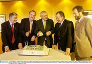 29 January 2004; An Taoiseach and President of the European Council, Bertie Ahern TD, with, from left, Tyrone manager Mickey Harte, Brendan Murphy, Chief Executive, Allianz, Dublin manager Tommy Lyons, and Sean Kelly, President of the GAA, at the launch of the Allianz National Football and Hurling Leagues 2004 which is the 12th year of Allianz's sponsorship of the Leagues. Allianz House, Burlington Road, Dublin. Picture credit; Brendan Moran / SPORTSFILE *EDI*
