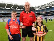 7 July 2013; Holly McGuinness and Keith Leonard are pictured at the Electric Ireland Leinster GAA Minor Hurling Championship Final, where they were the official ball-carriers and had the honour of presenting the match sliotar to the referee John Keenan before the game. Holly and Keith won their prizes through Electric Ireland’s Facebook page www.facebook.com/ElectricIreland. Electric Ireland Leinster GAA Hurling Minor Championship Final, Laois v Kilkenny, Croke Park, Dublin. Picture credit: David Maher / SPORTSFILE