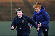 18 November 2020; Rebecca Coates with coach Juliet Short during a Leinster Rugby After School Pop Up Club at DCU in Dublin. Photo by Piaras Ó Mídheach/Sportsfile