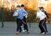 19 November 2020; Darrach O Broin in action during a Leinster Rugby kids training session at Gaelscoil Moshíológ in Gorey, Wexford. Photo by Matt Browne/Sportsfile
