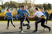 19 November 2020; Oisin Byrne and Jessica Ni Bholguidhie in action during a Leinster Rugby kids training session at Gaelscoil Moshíológ in Gorey, Wexford. Photo by Matt Browne/Sportsfile