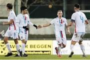 18 November 2020; Kenan Avdusinovic, 14, of Luxembourg celebrates after scoring his side's first goal with team-mate Luca Duriatti during the UEFA European U21 Championship Qualifier match between Luxembourg and Republic of Ireland at Stade Henri-Dunant in Beggen, Luxembourg. Photo by Gerry Schmidt/Sportsfile