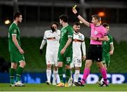 18 November 2020; Referee Lawrence Visser shows a yellow card to Kevin Long of Republic of Ireland during the UEFA Nations League B match between Republic of Ireland and Bulgaria at the Aviva Stadium in Dublin. Photo by Sam Barnes/Sportsfile