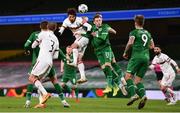 18 November 2020; Kristian Dimitrov of Bulgaria heads the ball goalwards despite the efforts of Ronan Curtis and Shane Duffy of Republic of Ireland during the UEFA Nations League B match between Republic of Ireland and Bulgaria at the Aviva Stadium in Dublin. Photo by Sam Barnes/Sportsfile