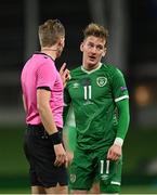 18 November 2020; Ronan Curtis of Republic of Ireland is spoken to by referee Lawrence Visser during the UEFA Nations League B match between Republic of Ireland and Bulgaria at the Aviva Stadium in Dublin. Photo by Seb Daly/Sportsfile