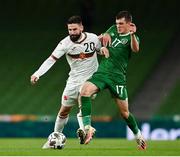 18 November 2020; Dimitar Iliev of Bulgaria is tackled by Jason Knight of Republic of Ireland during the UEFA Nations League B match between Republic of Ireland and Bulgaria at the Aviva Stadium in Dublin. Photo by Sam Barnes/Sportsfile