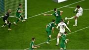 18 November 2020; Shane Duffy of Republic of Ireland blocks a shot on goal by Kristian Dimitrov of Bulgaria during the UEFA Nations League B match between Republic of Ireland and Bulgaria at the Aviva Stadium in Dublin. Photo by Eóin Noonan/Sportsfile