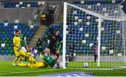 18 November 2020; Liam Boyce of Northern Ireland scores his side's first goal during the UEFA Nations League B match between Northern Ireland and Romania in the National Football Stadium at Windsor Park in Belfast. Photo by David Fitzgerald/Sportsfile